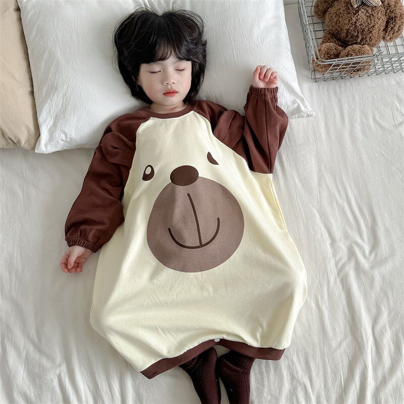 儿童纯棉睡袋春秋季薄款透气宝宝连体睡衣防踢被女孩睡裙男童睡袍