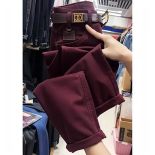 K秋季 酒紅色高腰牛仔老爹褲 女裝 新款 女2024年大碼 胖妹妹顯瘦哈倫