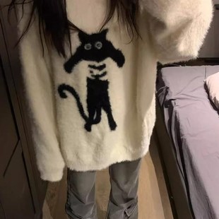 美式 秋冬 猫咪慵懒风宽松圆领毛衣女套头G毛绒针织衫 加厚上衣长袖