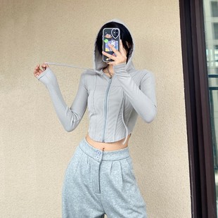 美式 上衣毛衣运动外套 短款 连帽卫衣女拼接弹u力纯欲风拉链针织衫