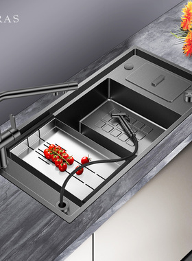 阿萨斯厨房阶梯式水槽纳米黑色304不锈钢垃圾桶洗菜盆手工大单槽