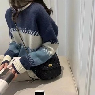 2024秋冬新品 毛衣针织 百搭韩版 宽松x女士条纹拼色慵懒风圆领长袖