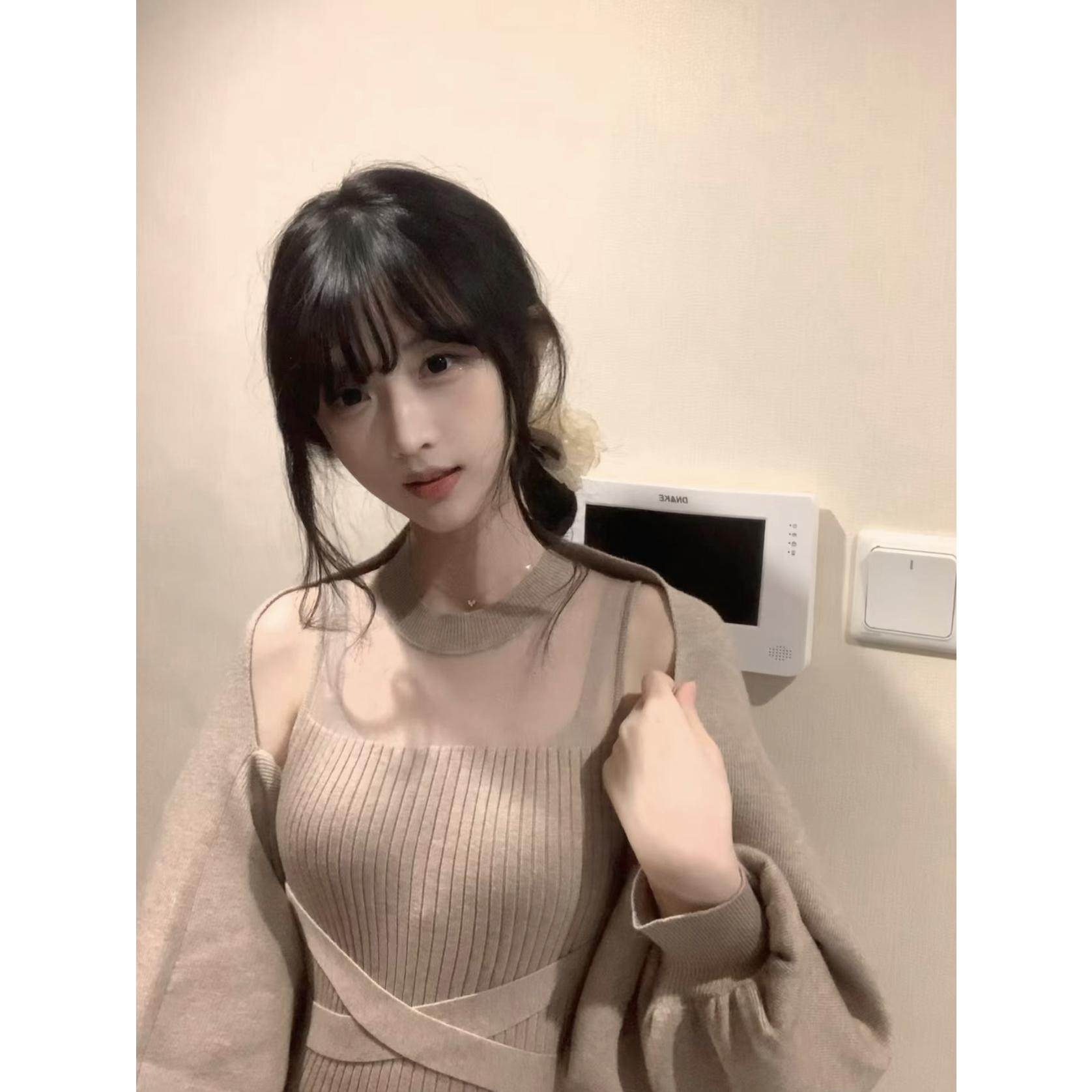 设计感灯笼袖开衫修身包臀长裙网纱拼接透视针织连衣裙女两件套装