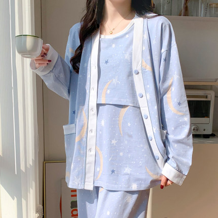 孕妇哺乳睡衣三件套月子服春夏季纯棉产后喂奶大码200.斤春秋家居