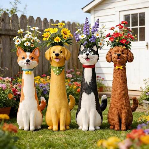 跨境新款Quirky Dog Vase 手工制作奇特狗狗花家居装饰树脂摆件