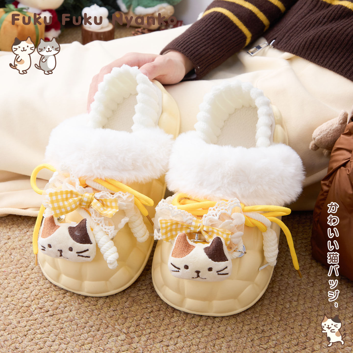 富酷猫猫头蝴蝶结鞋带厚底洞洞鞋