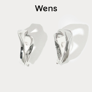 Wens不完美受害人董洁同款 水浪镶天然石银色设计高级简约百搭耳环