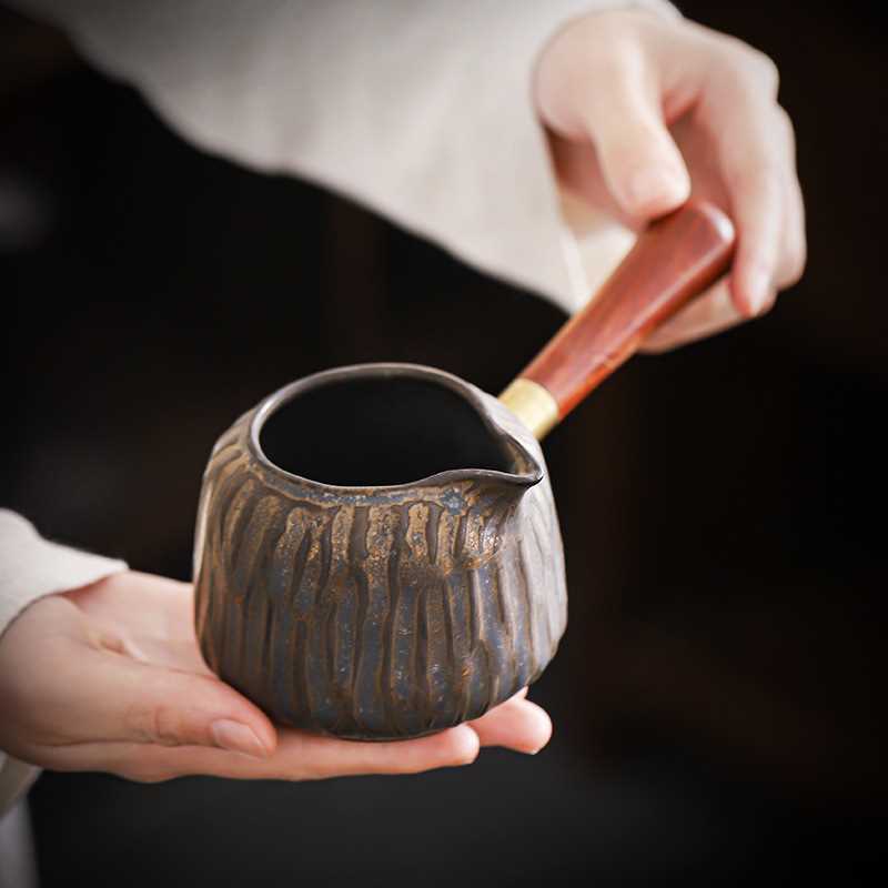 日式鎏金公道杯复古粗陶手持分茶器无把匀杯手工茶道配件