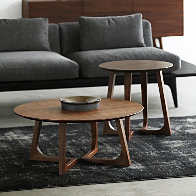 中式实木茶几简约圆形茶几组合小户型家用边几胡桃木色阳台小圆桌