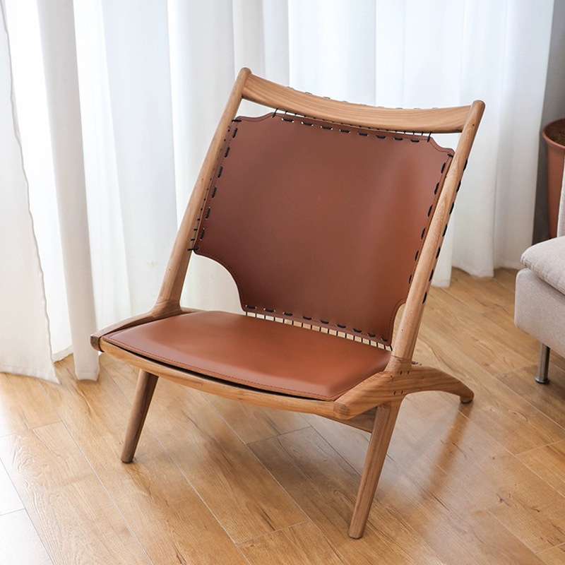 北欧单人马鞍皮实木靠背躺椅家用客厅休闲设计师懒人沙发椅小户型