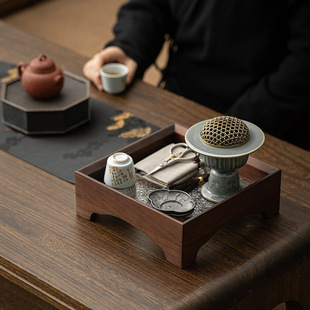 高奢胡桃木窗花玻璃托盘四方高脚茶盘家用放杯子收纳盘水果点心盘