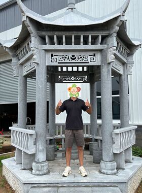 石雕凉亭网红款灰色砂纹中式木结构仿古花岗岩石头六角亭子工程用