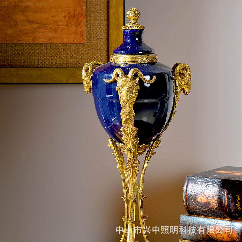 美式风格装饰盖坛工艺品欧式简约现代陶瓷羊头摆设铜制品摆件