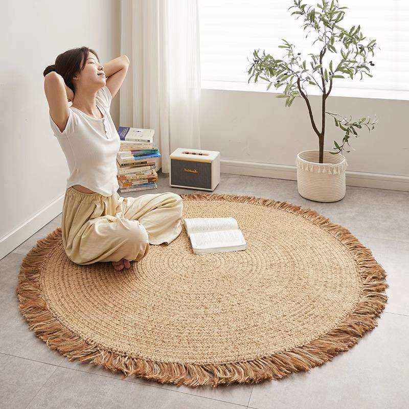 手工编织黄麻地毯客厅沙发茶几无胶地垫阳台卧室圆形流苏地毯