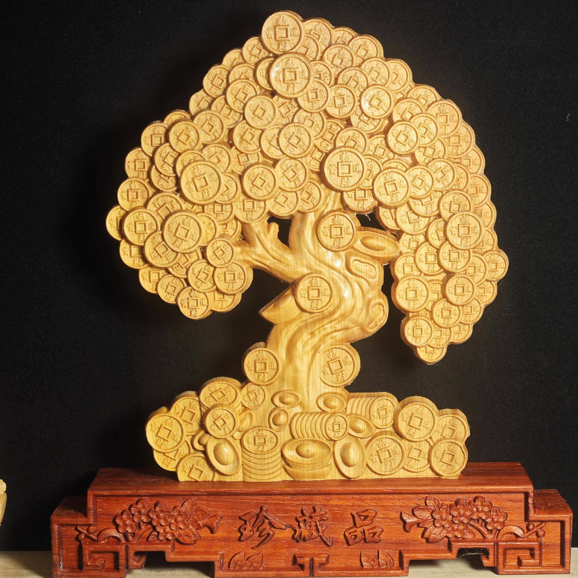 正宗崖柏木雕刻摇钱树送礼摆件客厅盘玩文玩手把件家居装饰办公桌