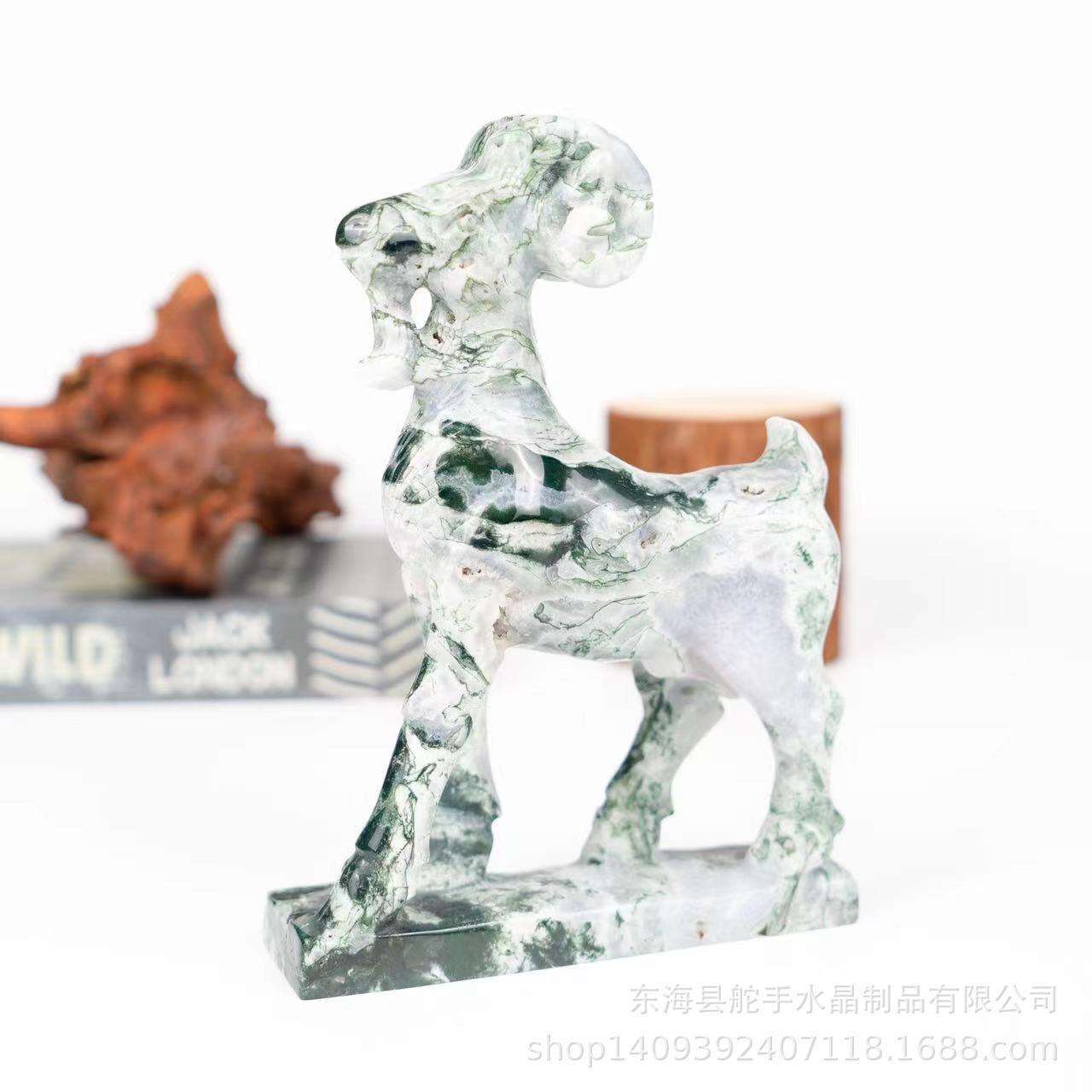 热销天然水晶水草玛瑙原石雕刻山羊精品摆件工艺品家居能量