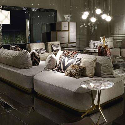 轻奢客厅家用RobertoCavalli简约现代布艺磨砂真皮客厅贵妃沙发