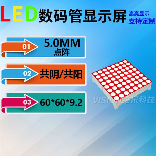 8*8点阵模块5.0mm高亮红光数码管LED数字显示屏2088AS 共阴BS/5MM