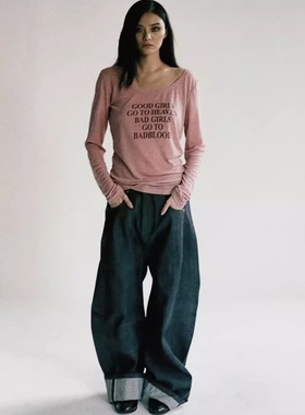 韩潮badblood日常薄款英文印花防晒长袖百搭上衣甜妹溜肩宽领T恤
