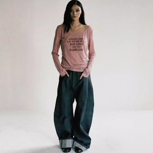 韩潮badblood日常薄款 百搭上衣甜妹溜肩宽领T恤 英文印花防晒长袖