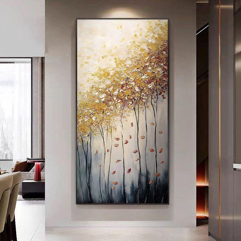 《金秋盈树》抽象发财树油画走廊尽头挂画样板间正对门玄关肌理画
