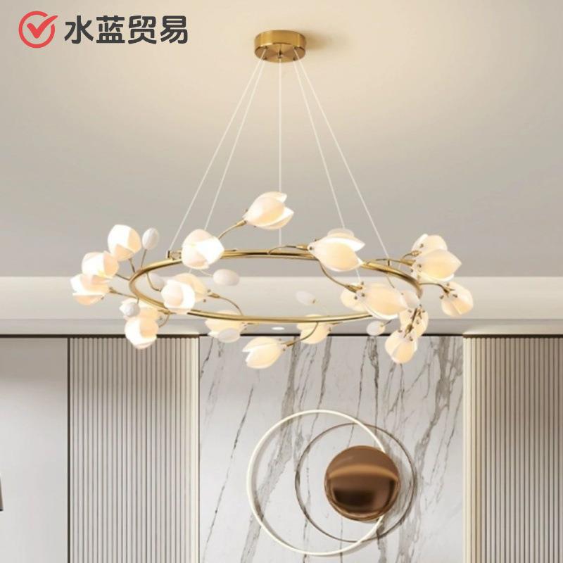 轻奢客厅陶瓷玉兰花艺术2024新款现代中式茶室客厅餐厅吊灯