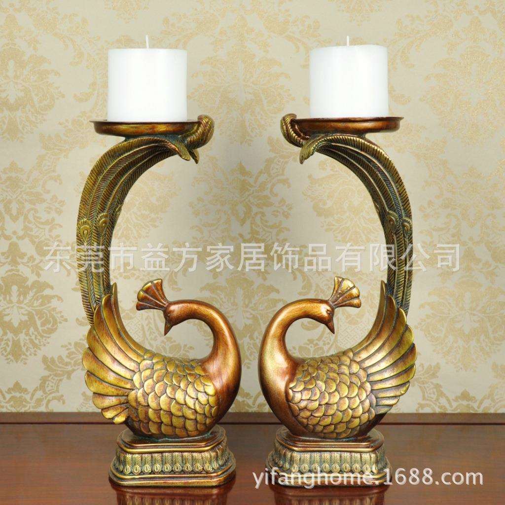 欧式套二仿古孔雀烛台 美式乡村工艺摆件 婚房摆设 树脂工艺品