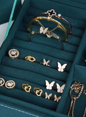 三层复古绒布首饰盒多功能带锁抽屉式高级珠宝饰品收纳跨境墨绿