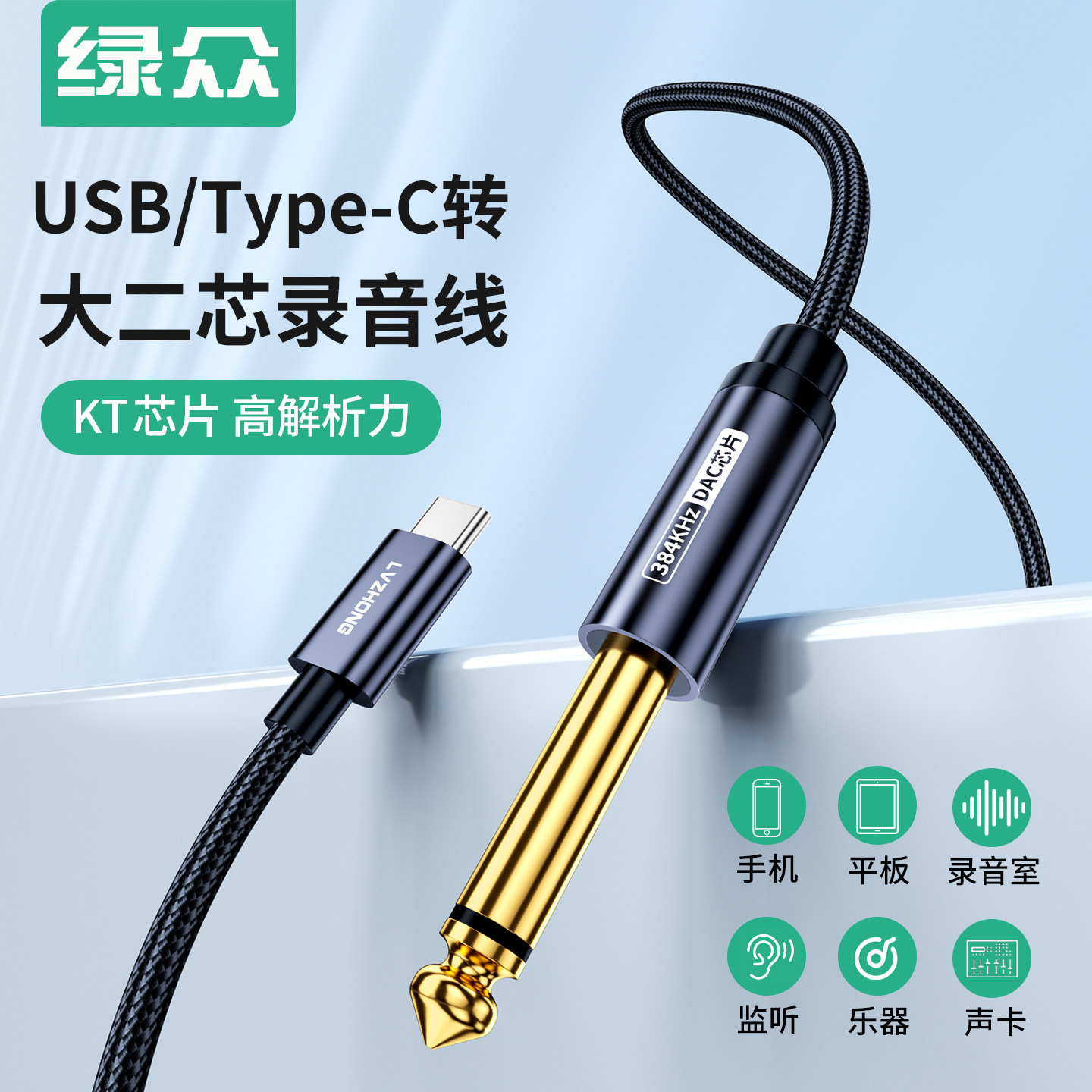 绿众TypeC转6.35接吉他贝斯音响录音USB连接话筒大二芯内录线适用手机平板电脑麦克风音箱功放电钢琴录音线