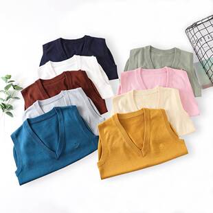 纯棉线针织色衫女套头V领背心马甲K砍榎价J制服毛衣木中纯VRC薄学