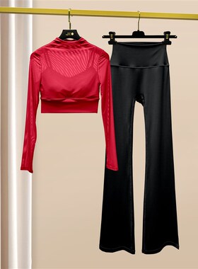 红色瑜伽b服女套装高级感2024春秋新款网纱速干运动健身上衣喇叭