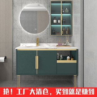 现代浴室柜组合岩板墨绿色洗手台盆洗漱台卫生间轻奢实.木浴室镜