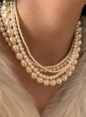 时尚法式双层多层叠戴大小珍珠项链女轻奢小众设计高级锁骨毛衣链