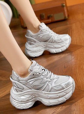 灰色网面厚底增高10cm老爹鞋女款透气20J25春新真皮超火松糕休闲