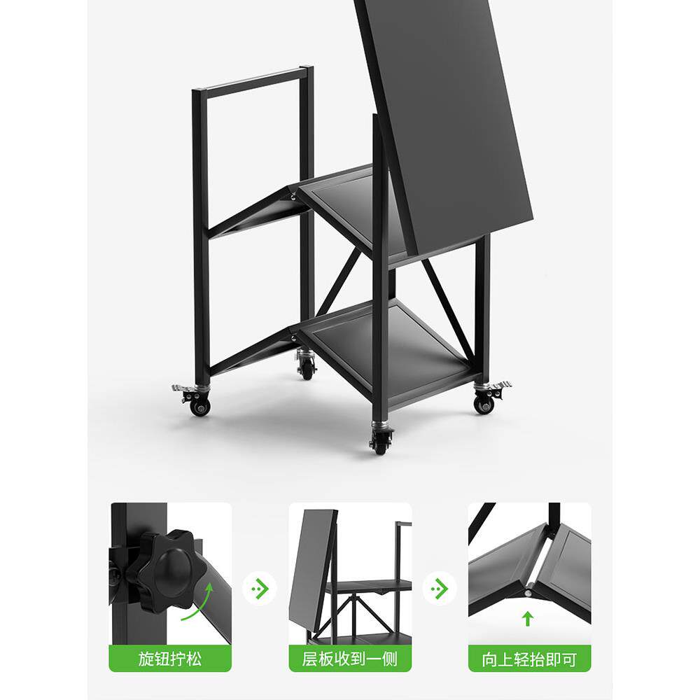 可黑色推车折叠动推炉车架304不锈钢厨房烤置物架落地移微波多层
