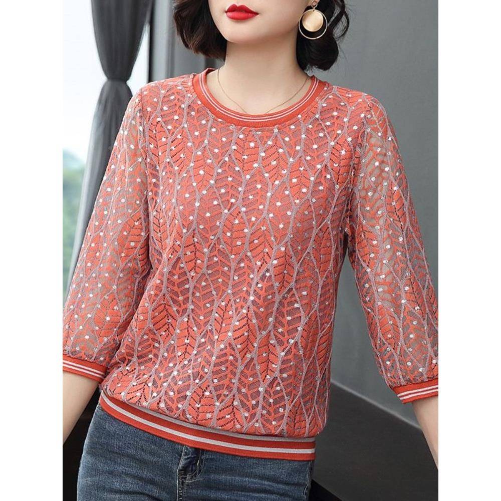 中年洋妈妈5rb5m气镂蕾丝七分袖t恤圆领大空码遮肚子亮丝时服尚上