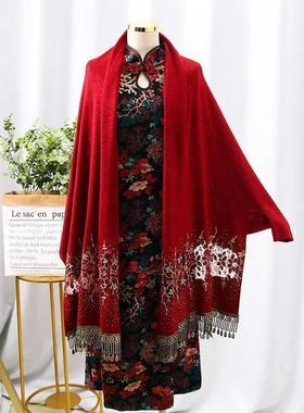旗袍春秋结婚妈带妈袖装结外搭[红色喜婆UAD披婆新婚娘婚宴肩披风