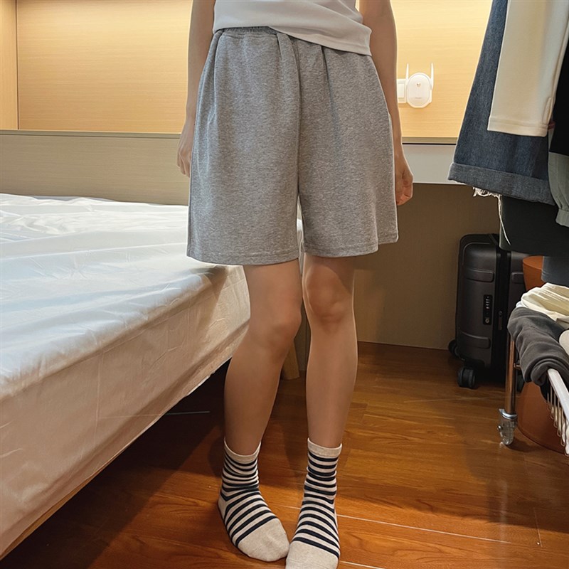 灰色短裤女夏季i休闲运动宽松美式显瘦直筒bf风裤子松紧腰五分裤