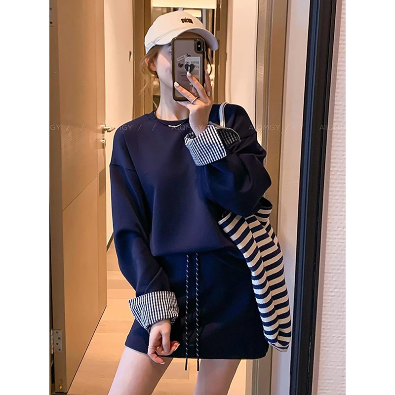 时尚套装裙女2i024春秋新款时髦洋气格子拼接长袖卫衣短裙两件套