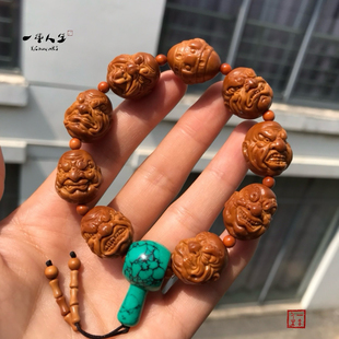 橄榄核手串雕刻山鬼恶僧佛爷搭配优化绿松石文玩手持把件男女配饰