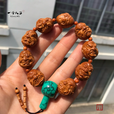 橄榄核手串雕刻山鬼恶僧佛爷搭配优化绿松石文玩手持把件男女配饰