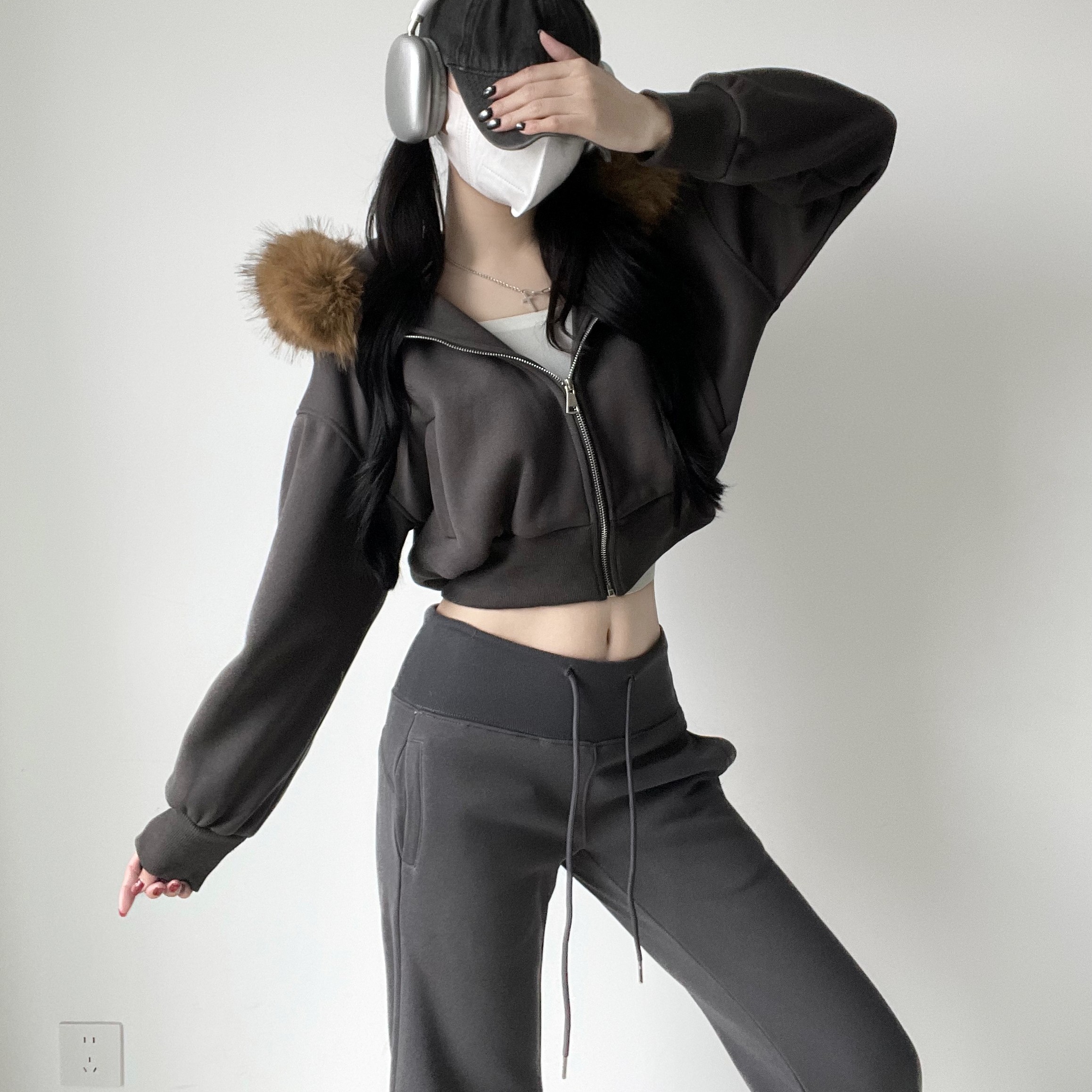 加绒加厚拉链连帽大毛领卫衣外套