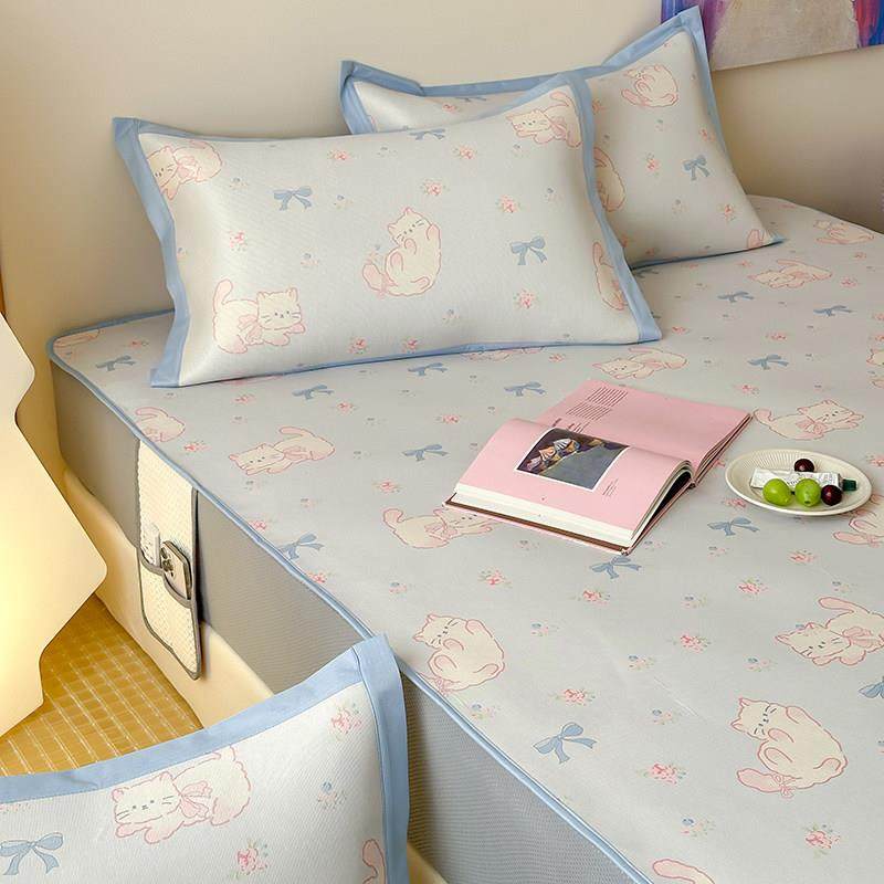 夏季清新卡通猫咪凉席三件套可机洗水洗冰丝席空调凉席冰藤席软席,床上用品,冰丝席,淘宝优惠券,粉丝福利购,淘宝优惠卷