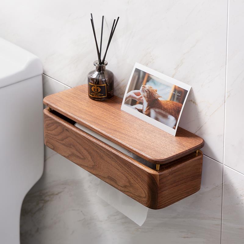 纸巾盒壁挂免打孔黑胡桃实木厕所卫生纸盒化妆室置物架家用卫生纸