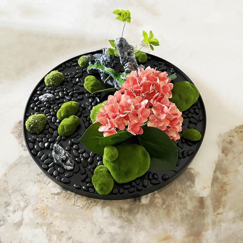 酒店包间圆形餐桌转盘中间装饰摆件假山手感绣球假花艺微景观盘景