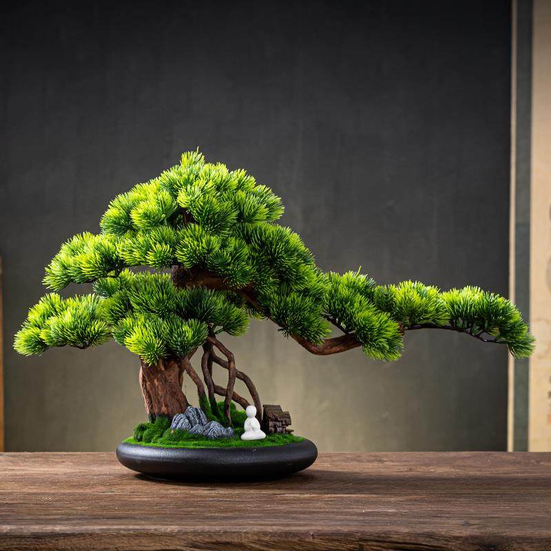 仿真迎客松客盆景办公室摆件新中式绿植厅玄关装饰品罗汉松酒店