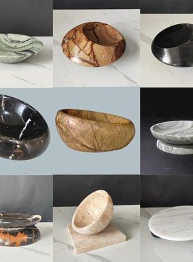 现代新中式侘寂风天然大理石鸟巢收纳碗碟摆件样板间客厅果盘装饰