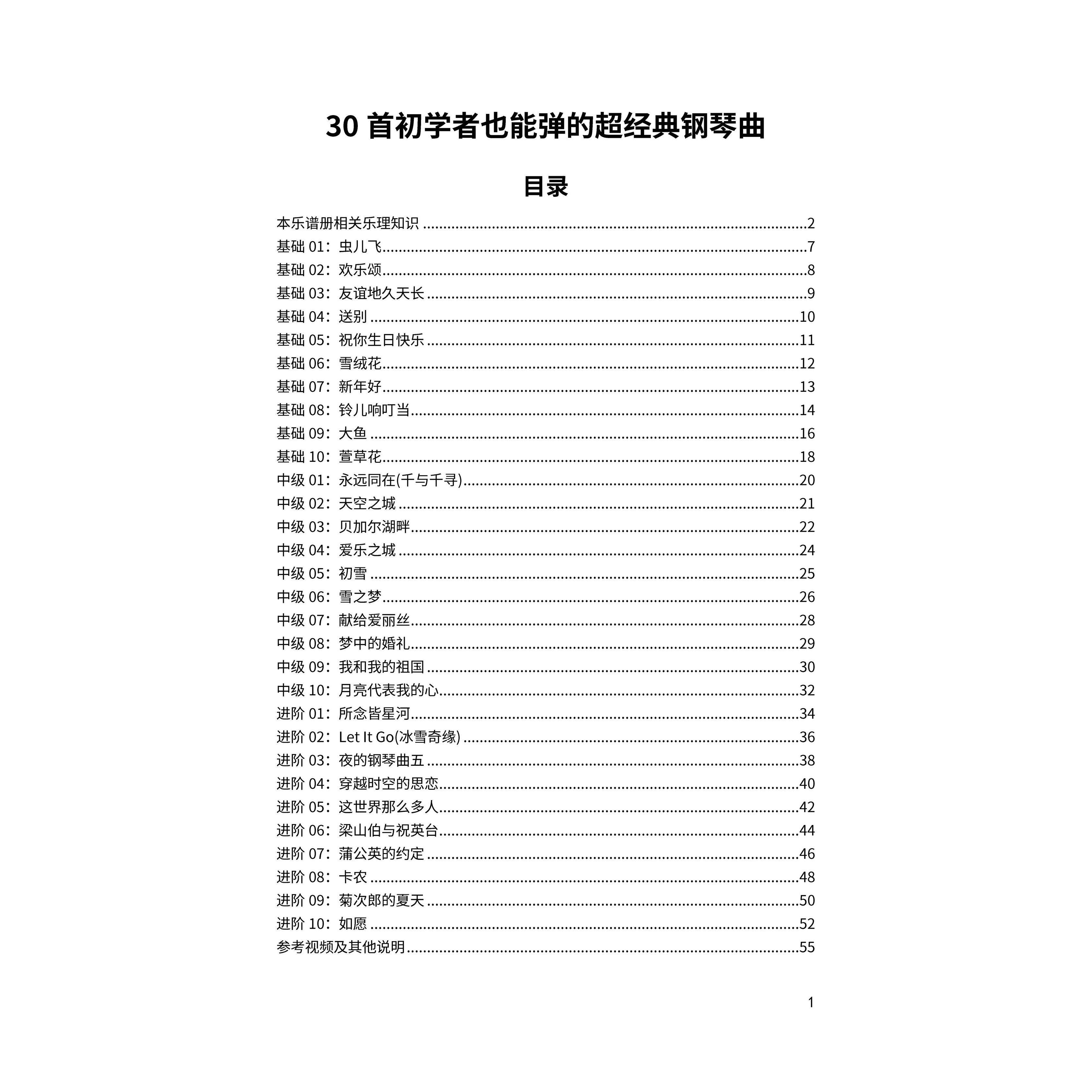 30首初学者也能弹的超经典钢琴曲 带指法 简谱/五线 线谱 带歌词