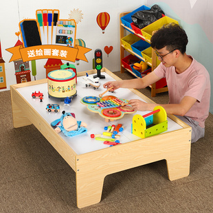 多功能大号儿童游戏桌双面画板木质小火车玩具桌子