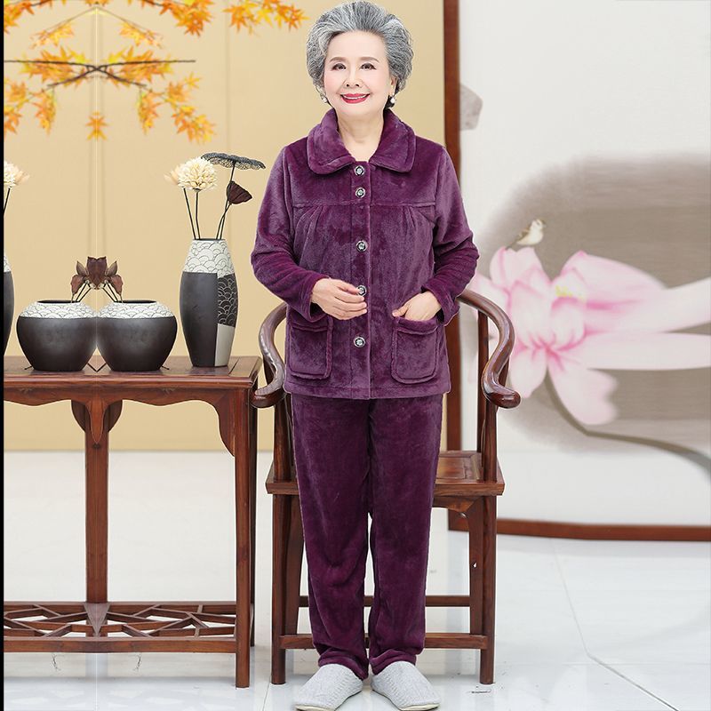 中老年人睡衣女加厚加绒秋冬奶奶衣服法兰绒妈妈家居服老太太套装